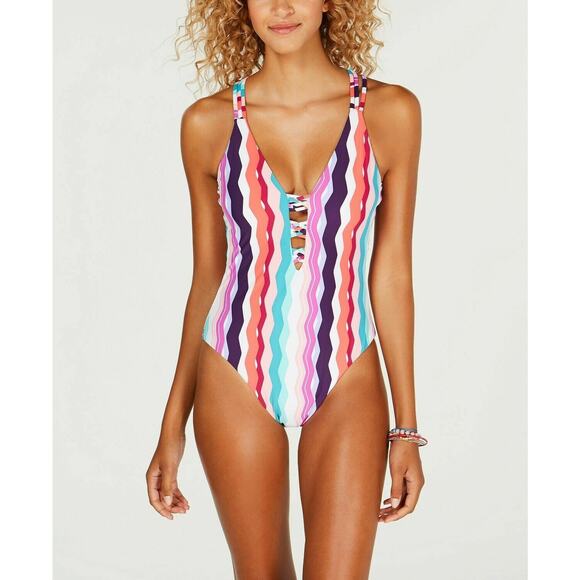 Bar III Waves Chevron Printed Strappy High Leg One-Piece Swimsuit S Teal Pink - Picture 1 of 7